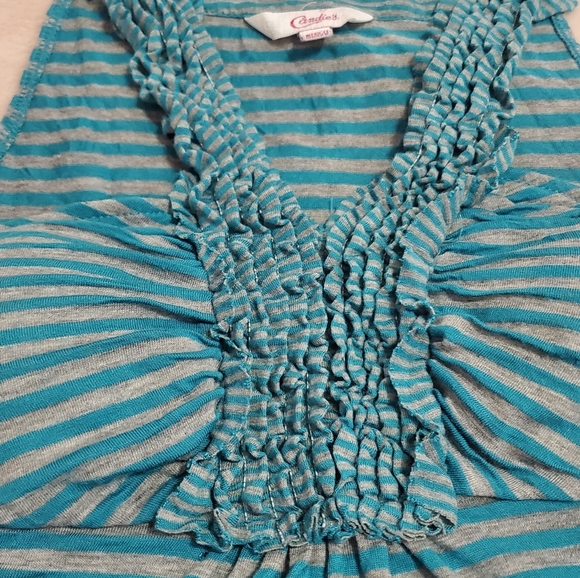 Candie's Striped Strappy Blue/Gray Summer Tank Top w/Ruffles Sz M - Picture 6 of 9